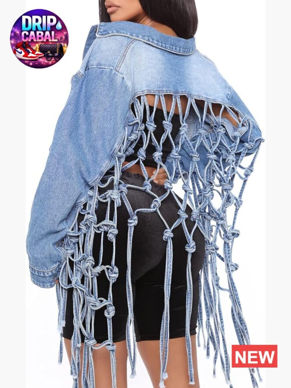 Distressed Denim Jacket, Fringe Back Knot, Cropped Button Down, Long Sleeve
